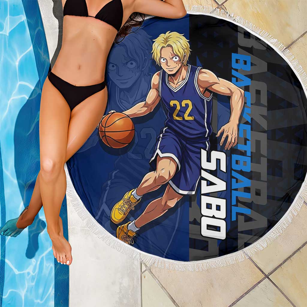 Sabo One Piece Basketball Theme Blue and Black Design Beach Blanket with Top Hat Emblem and Action Dribble Pose - The Mazicc