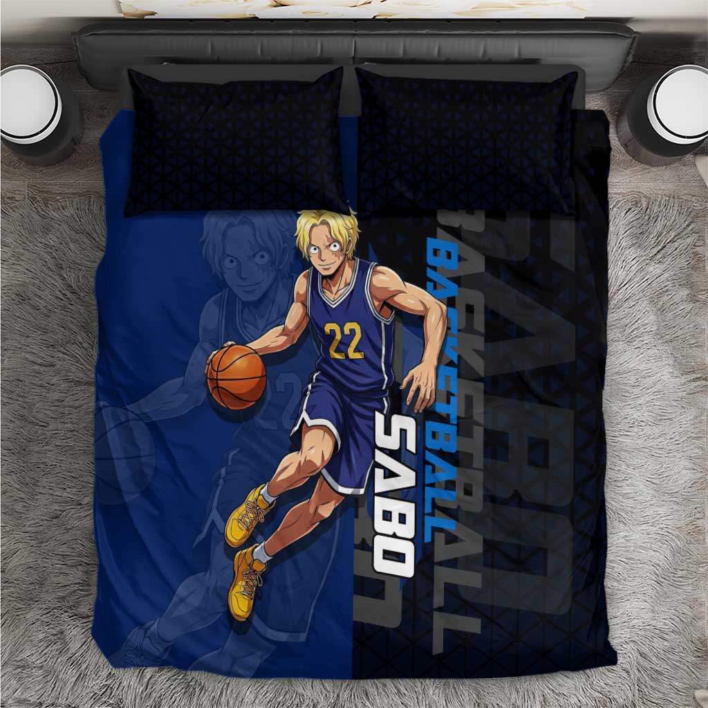 Sabo One Piece Basketball Theme Blue and Black Design Bedding Set with Top Hat Emblem and Action Dribble Pose - The Mazicc