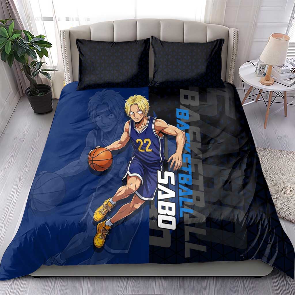 Sabo One Piece Basketball Theme Blue and Black Design Bedding Set with Top Hat Emblem and Action Dribble Pose - The Mazicc