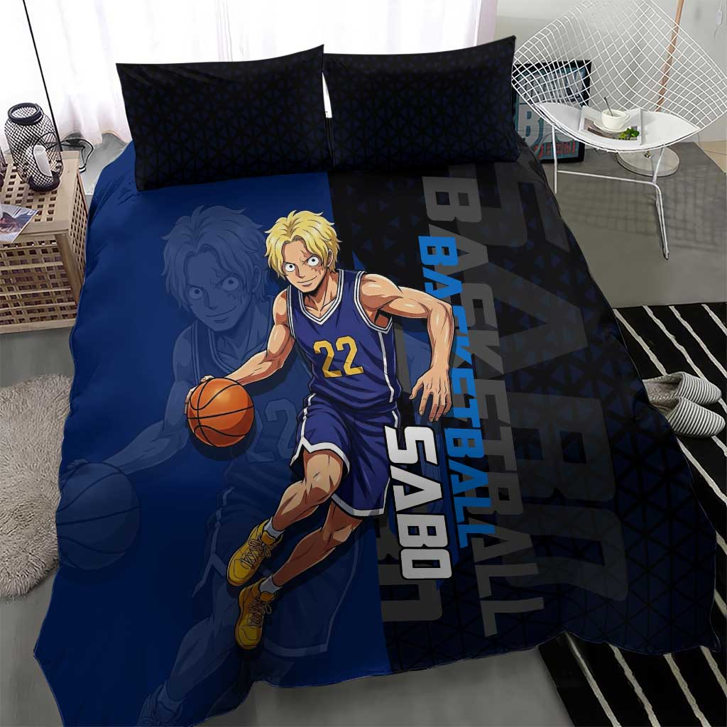 Sabo One Piece Basketball Theme Blue and Black Design Bedding Set with Top Hat Emblem and Action Dribble Pose - The Mazicc