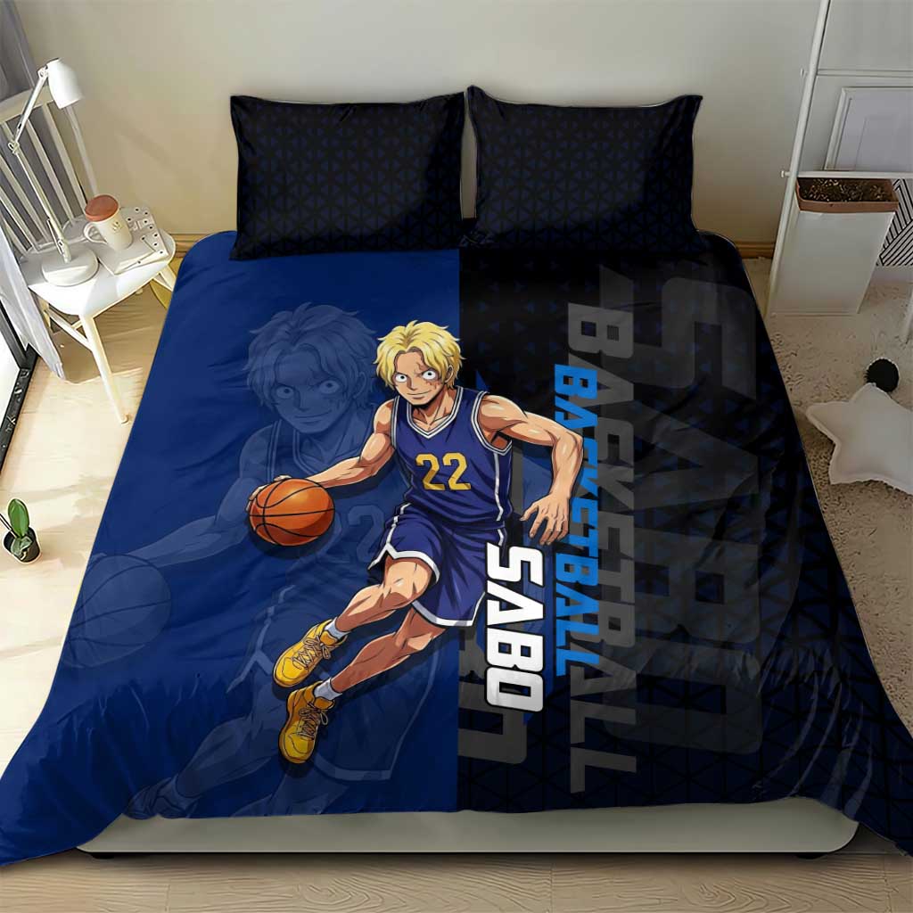 Sabo One Piece Basketball Theme Blue and Black Design Bedding Set with Top Hat Emblem and Action Dribble Pose - The Mazicc