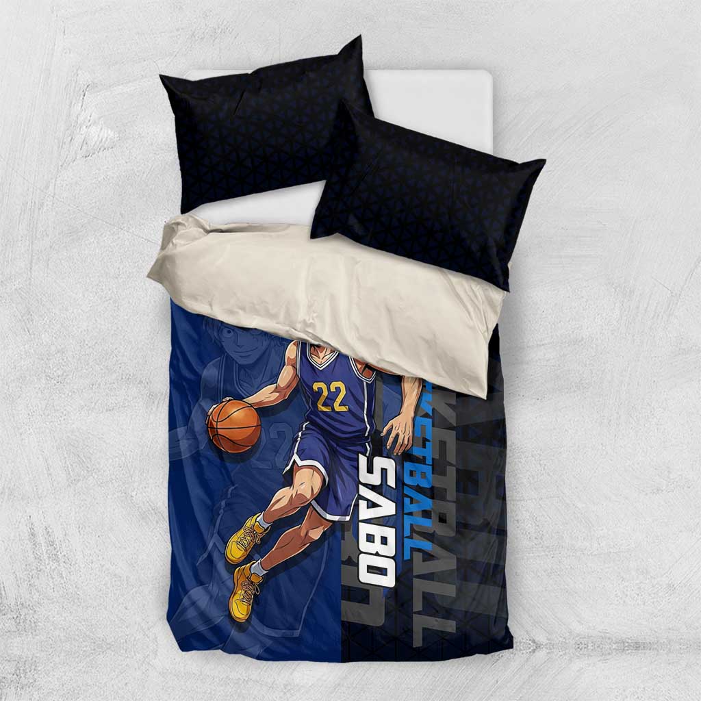 Sabo One Piece Basketball Theme Blue and Black Design Bedding Set with Top Hat Emblem and Action Dribble Pose - The Mazicc