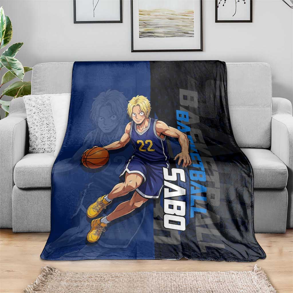Sabo One Piece Basketball Theme Blue and Black Design Blanket with Top Hat Emblem and Action Dribble Pose - The Mazicc