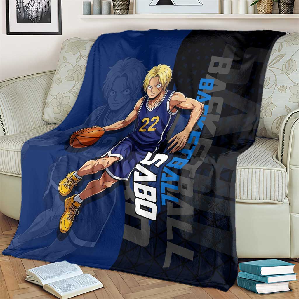 Sabo One Piece Basketball Theme Blue and Black Design Blanket with Top Hat Emblem and Action Dribble Pose - The Mazicc