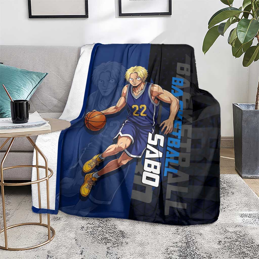 Sabo One Piece Basketball Theme Blue and Black Design Blanket with Top Hat Emblem and Action Dribble Pose - The Mazicc