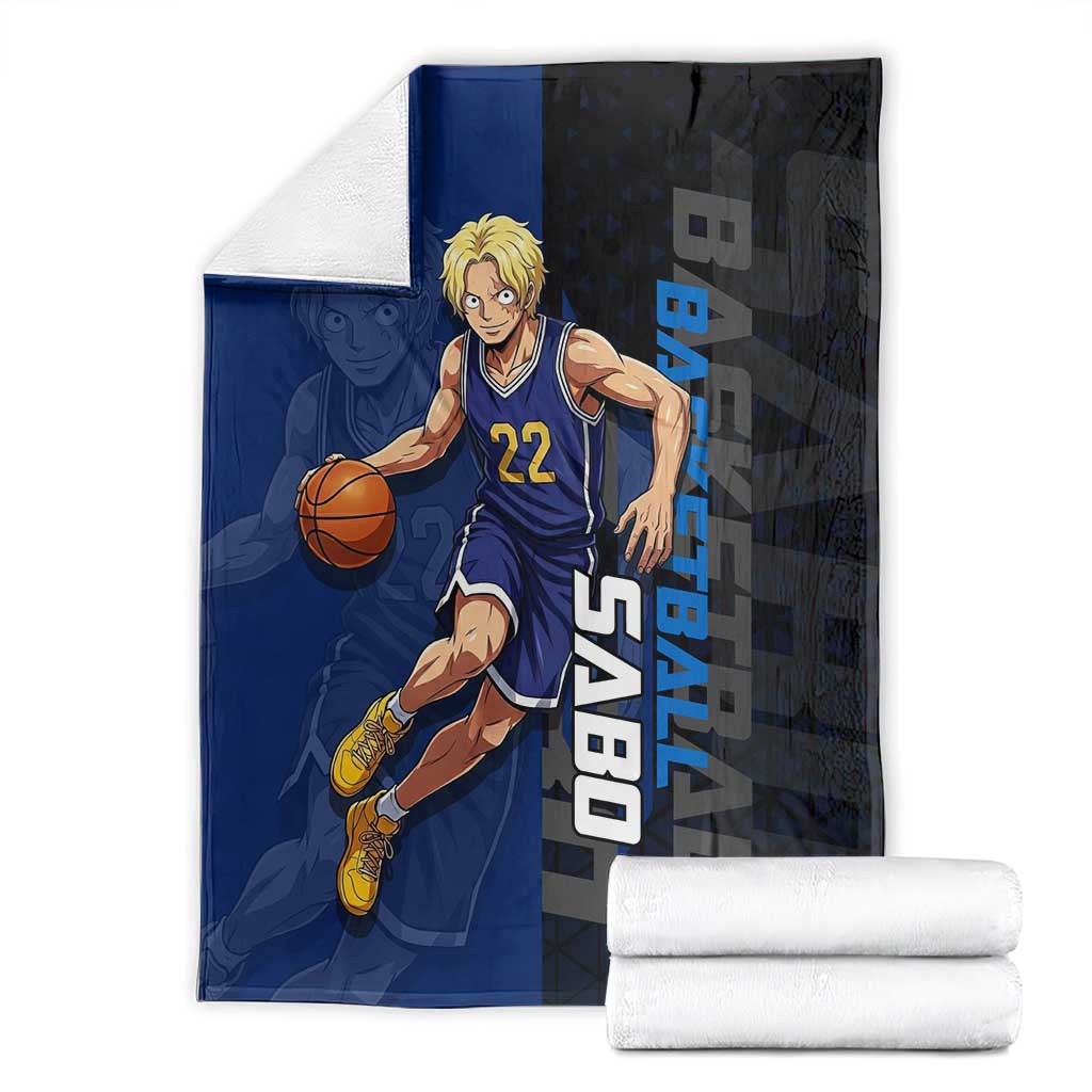 Sabo One Piece Basketball Theme Blue and Black Design Blanket with Top Hat Emblem and Action Dribble Pose - The Mazicc