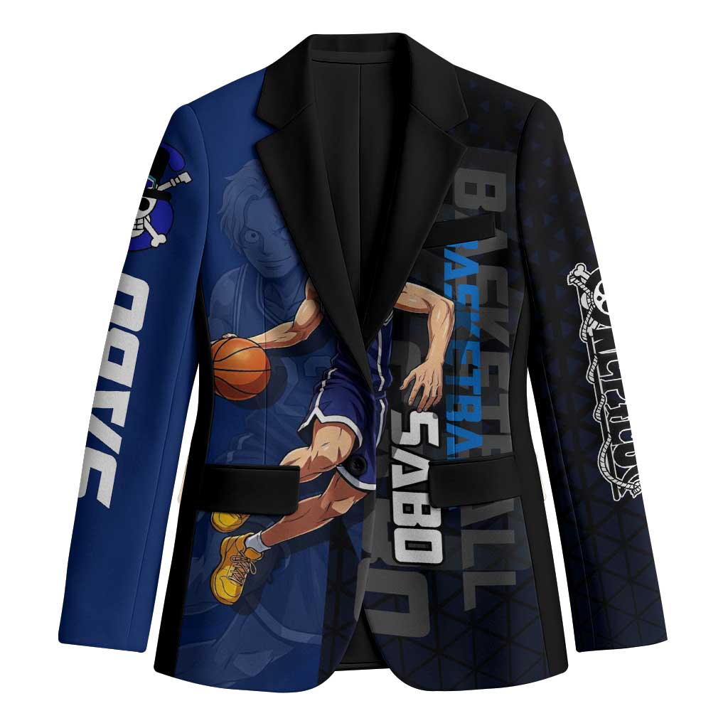 Sabo One Piece Basketball Theme Blue and Black Design Blazer with Top Hat Emblem and Action Dribble Pose - The Mazicc
