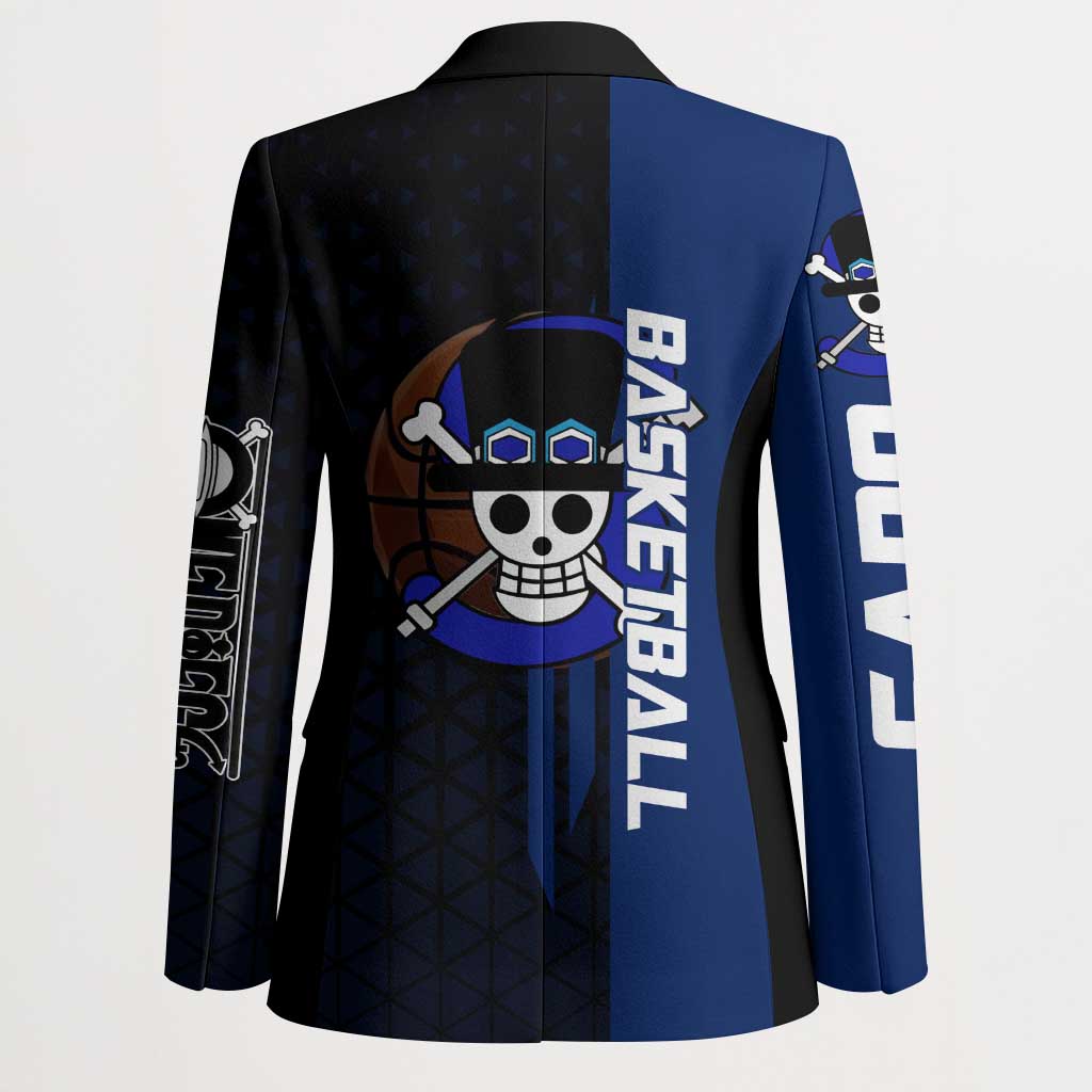 Sabo One Piece Basketball Theme Blue and Black Design Blazer with Top Hat Emblem and Action Dribble Pose - The Mazicc