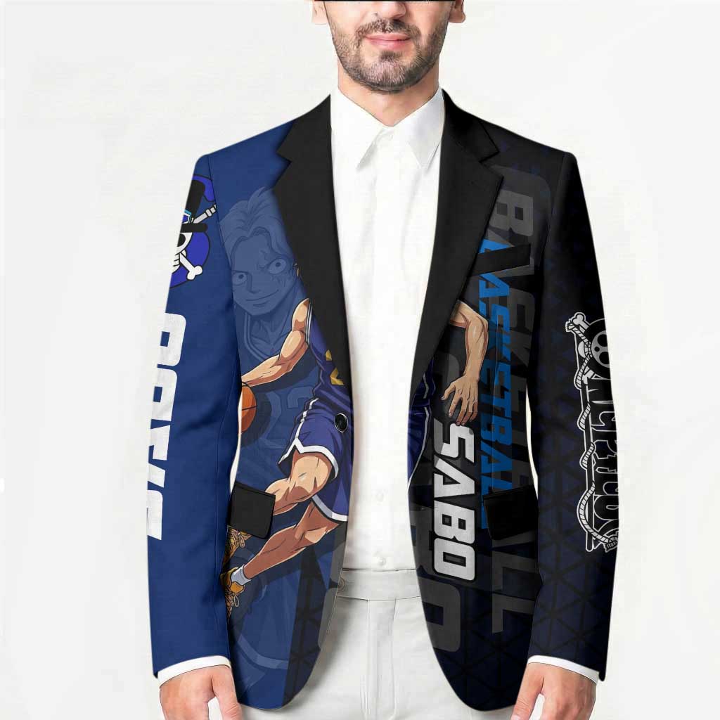 Sabo One Piece Basketball Theme Blue and Black Design Blazer with Top Hat Emblem and Action Dribble Pose - The Mazicc