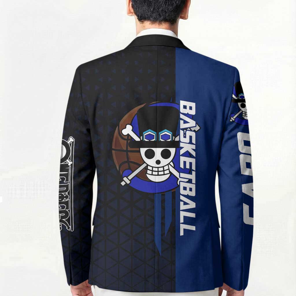 Sabo One Piece Basketball Theme Blue and Black Design Blazer with Top Hat Emblem and Action Dribble Pose - The Mazicc