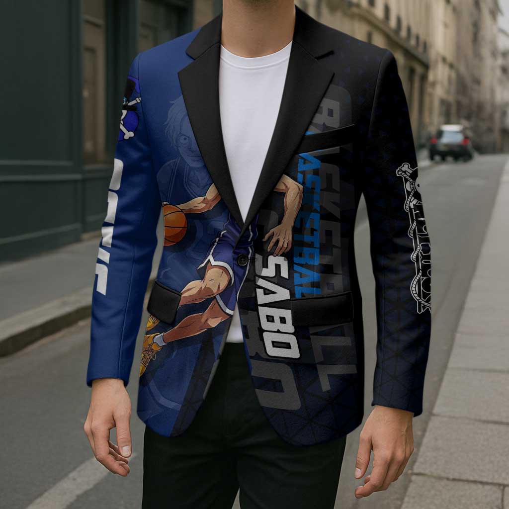 Sabo One Piece Basketball Theme Blue and Black Design Blazer with Top Hat Emblem and Action Dribble Pose - The Mazicc