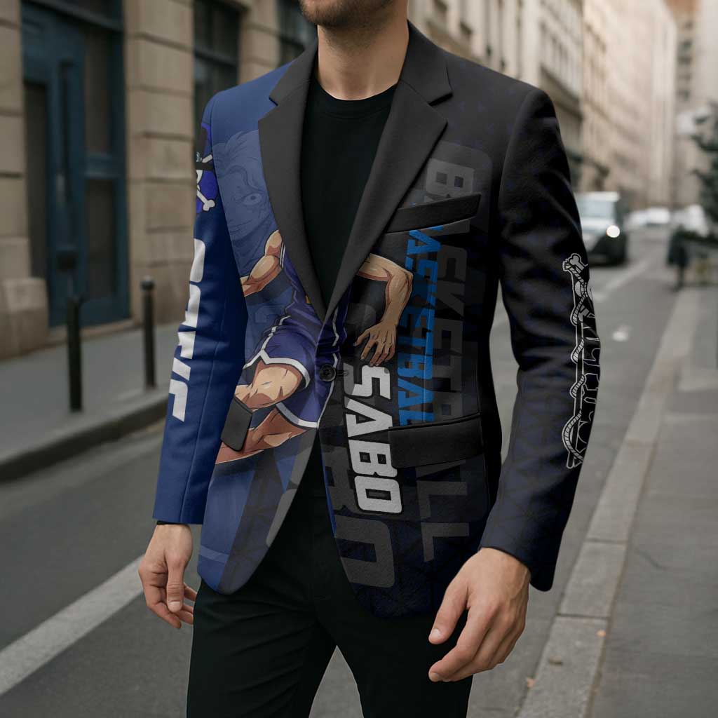 Sabo One Piece Basketball Theme Blue and Black Design Blazer with Top Hat Emblem and Action Dribble Pose - The Mazicc