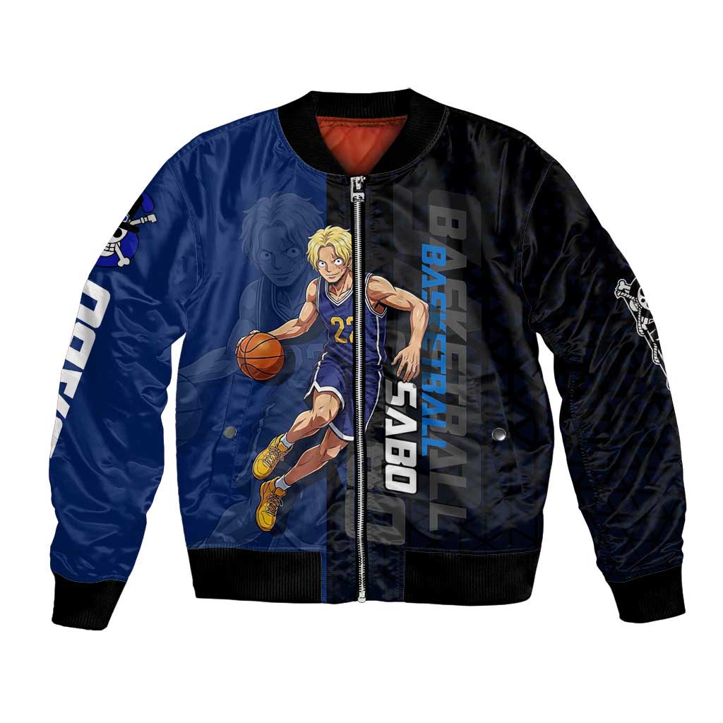 Sabo One Piece Basketball Theme Blue and Black Design Bomber Jacket with Top Hat Emblem and Action Dribble Pose - The Mazicc