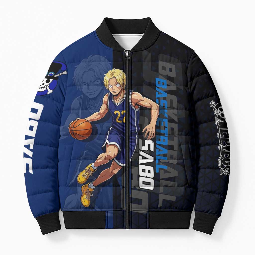 Sabo One Piece Basketball Theme Blue and Black Design Bomber Puffer Jacket with Top Hat Emblem and Action Dribble Pose - The Mazicc