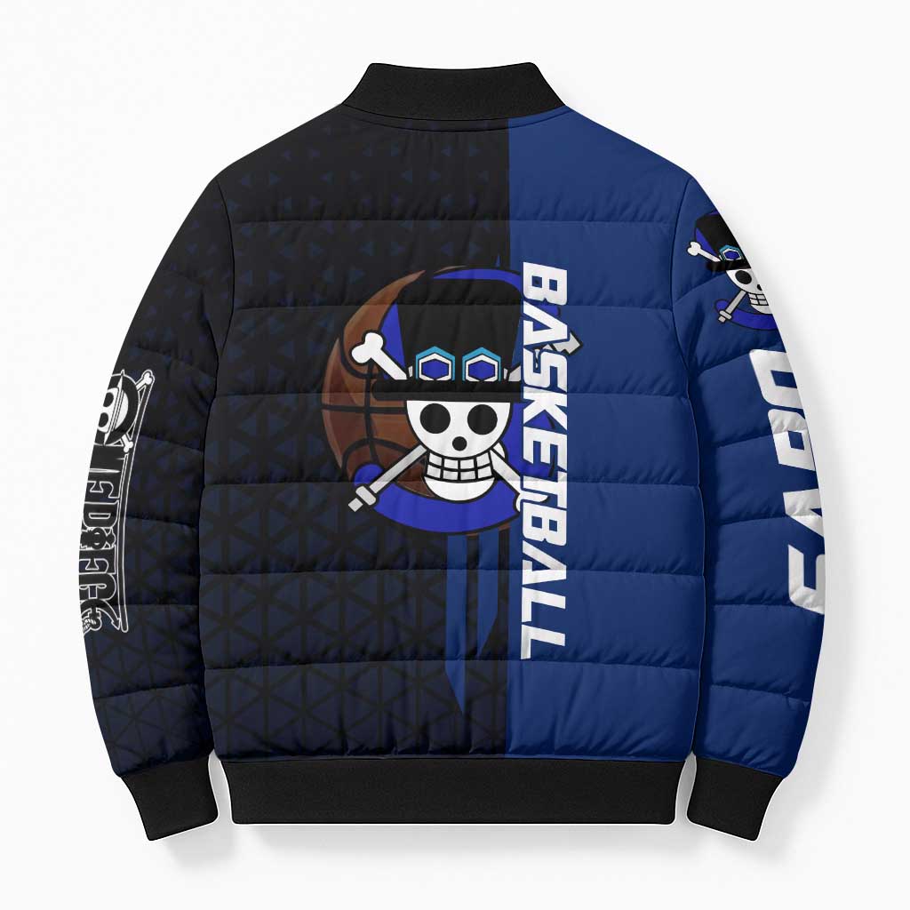 Sabo One Piece Basketball Theme Blue and Black Design Bomber Puffer Jacket with Top Hat Emblem and Action Dribble Pose - The Mazicc