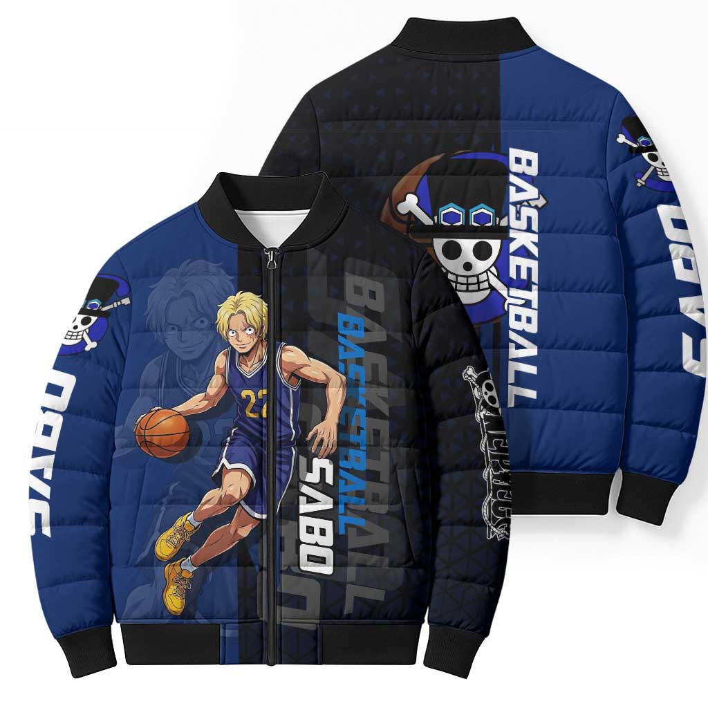 Sabo One Piece Basketball Theme Blue and Black Design Bomber Puffer Jacket with Top Hat Emblem and Action Dribble Pose - The Mazicc