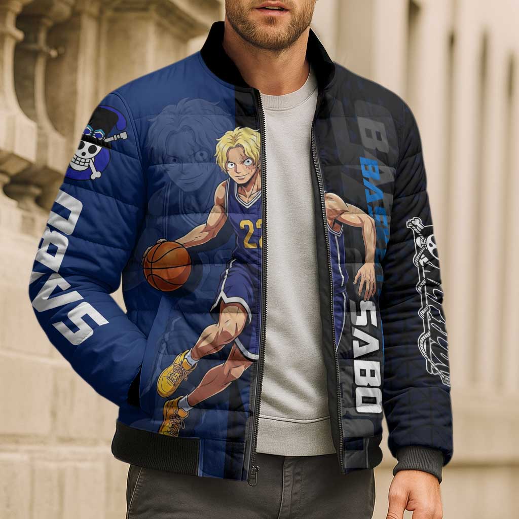 Sabo One Piece Basketball Theme Blue and Black Design Bomber Puffer Jacket with Top Hat Emblem and Action Dribble Pose - The Mazicc