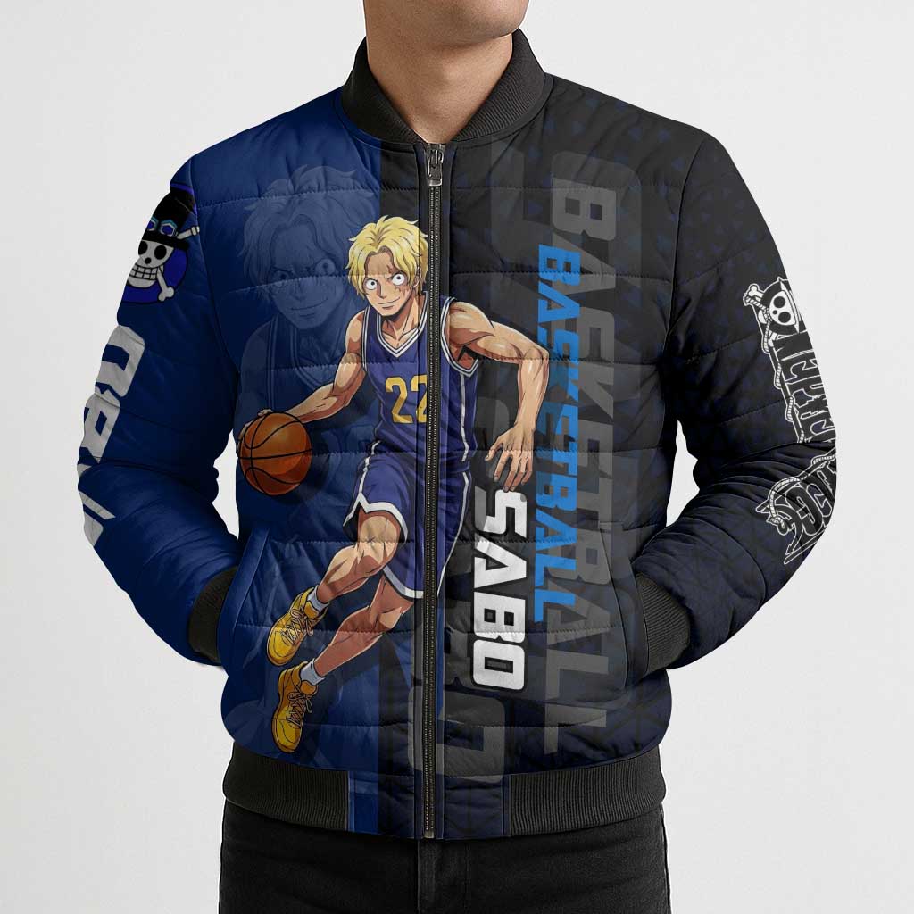 Sabo One Piece Basketball Theme Blue and Black Design Bomber Puffer Jacket with Top Hat Emblem and Action Dribble Pose - The Mazicc