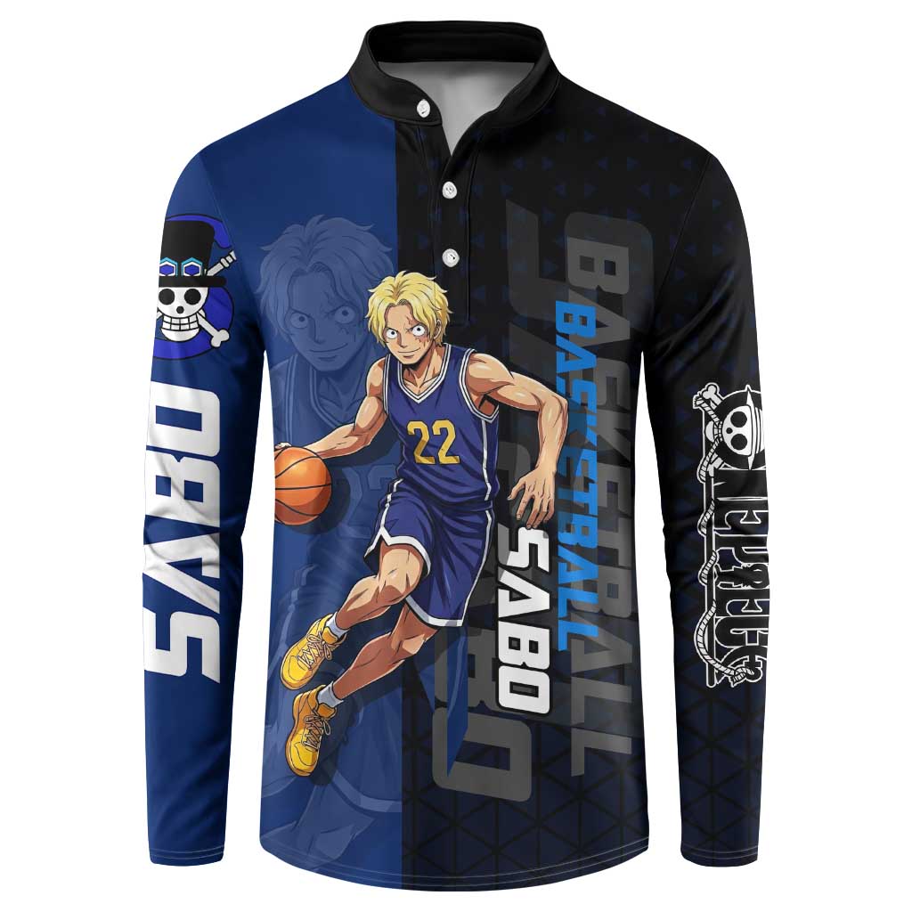 Sabo One Piece Basketball Theme Blue and Black Design Button Sweatshirt with Top Hat Emblem and Action Dribble Pose - The Mazicc
