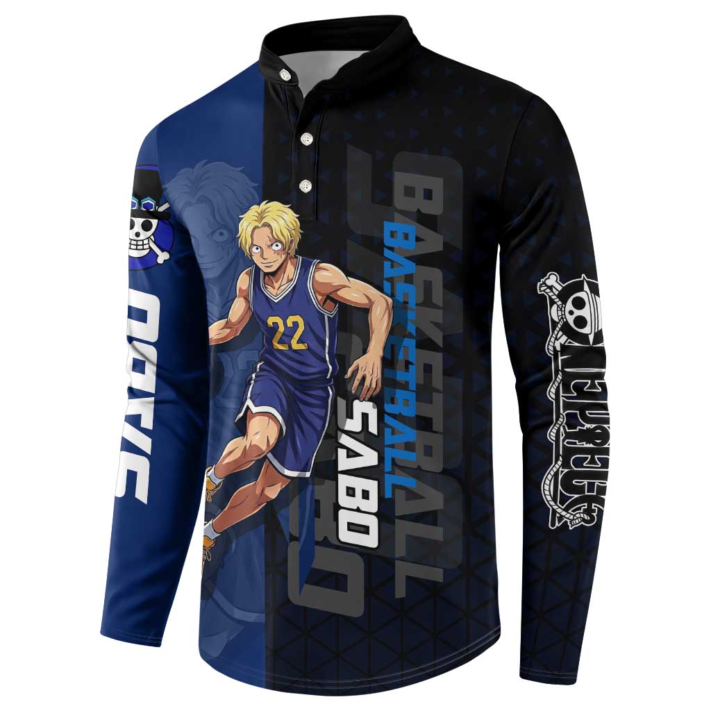 Sabo One Piece Basketball Theme Blue and Black Design Button Sweatshirt with Top Hat Emblem and Action Dribble Pose - The Mazicc