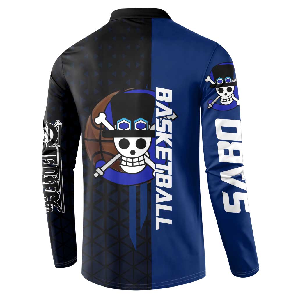 Sabo One Piece Basketball Theme Blue and Black Design Button Sweatshirt with Top Hat Emblem and Action Dribble Pose - The Mazicc