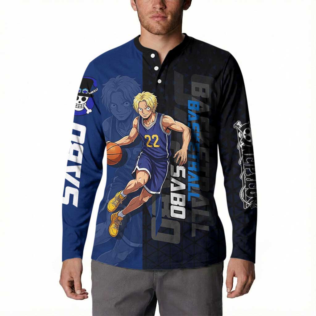 Sabo One Piece Basketball Theme Blue and Black Design Button Sweatshirt with Top Hat Emblem and Action Dribble Pose - The Mazicc