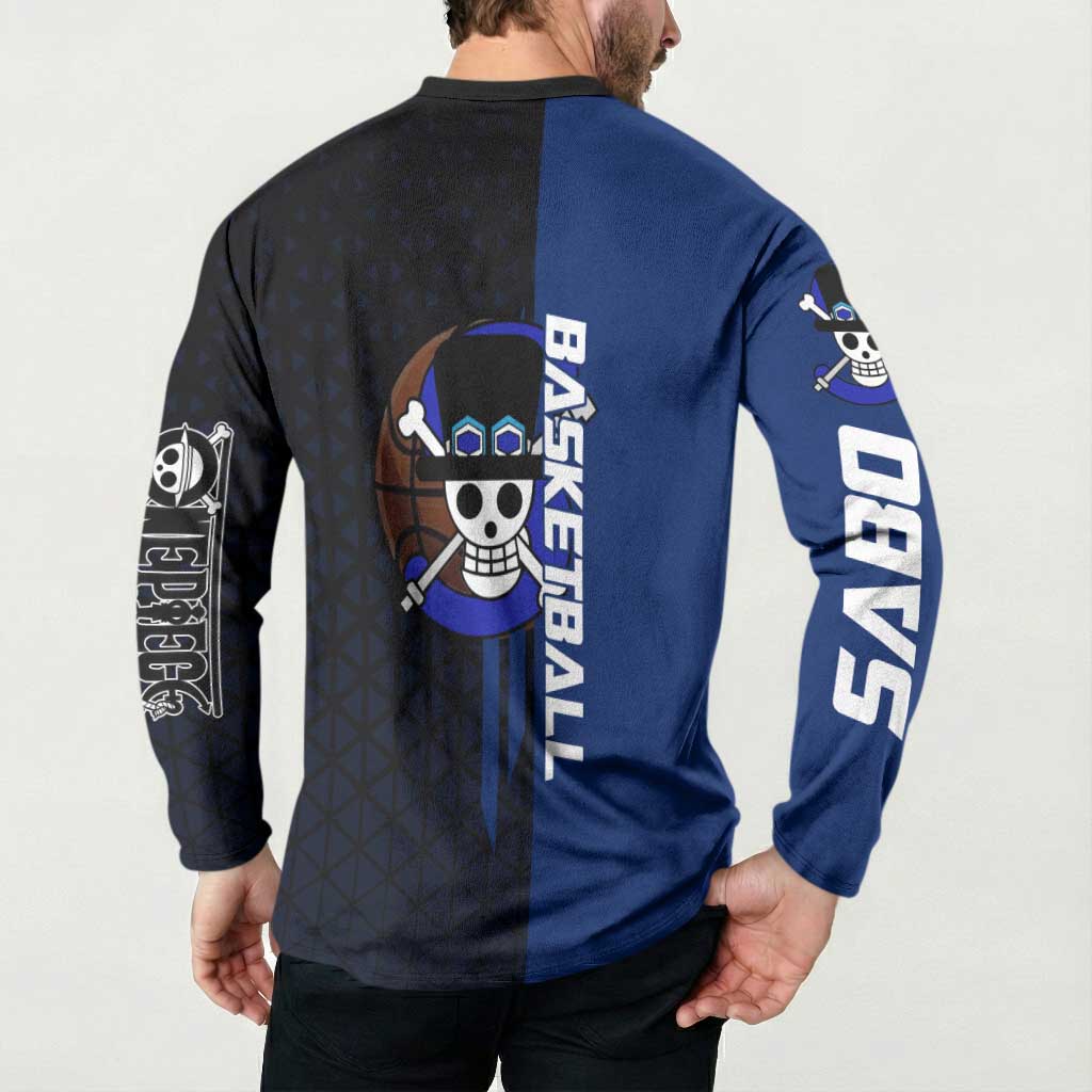 Sabo One Piece Basketball Theme Blue and Black Design Button Sweatshirt with Top Hat Emblem and Action Dribble Pose - The Mazicc
