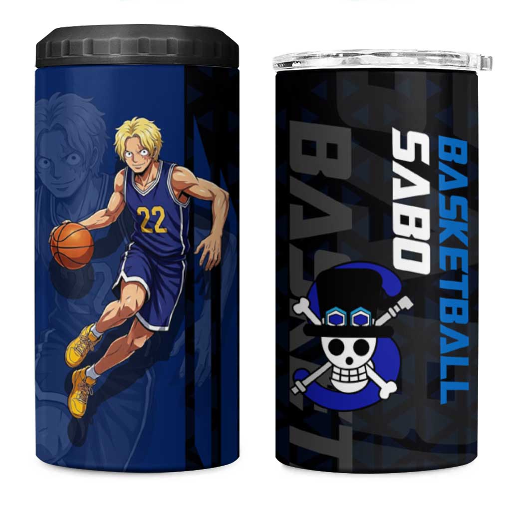 Sabo One Piece Basketball Theme Blue and Black Design 4 in 1 Can Cooler Tumbler with Top Hat Emblem and Action Dribble Pose - The Mazicc