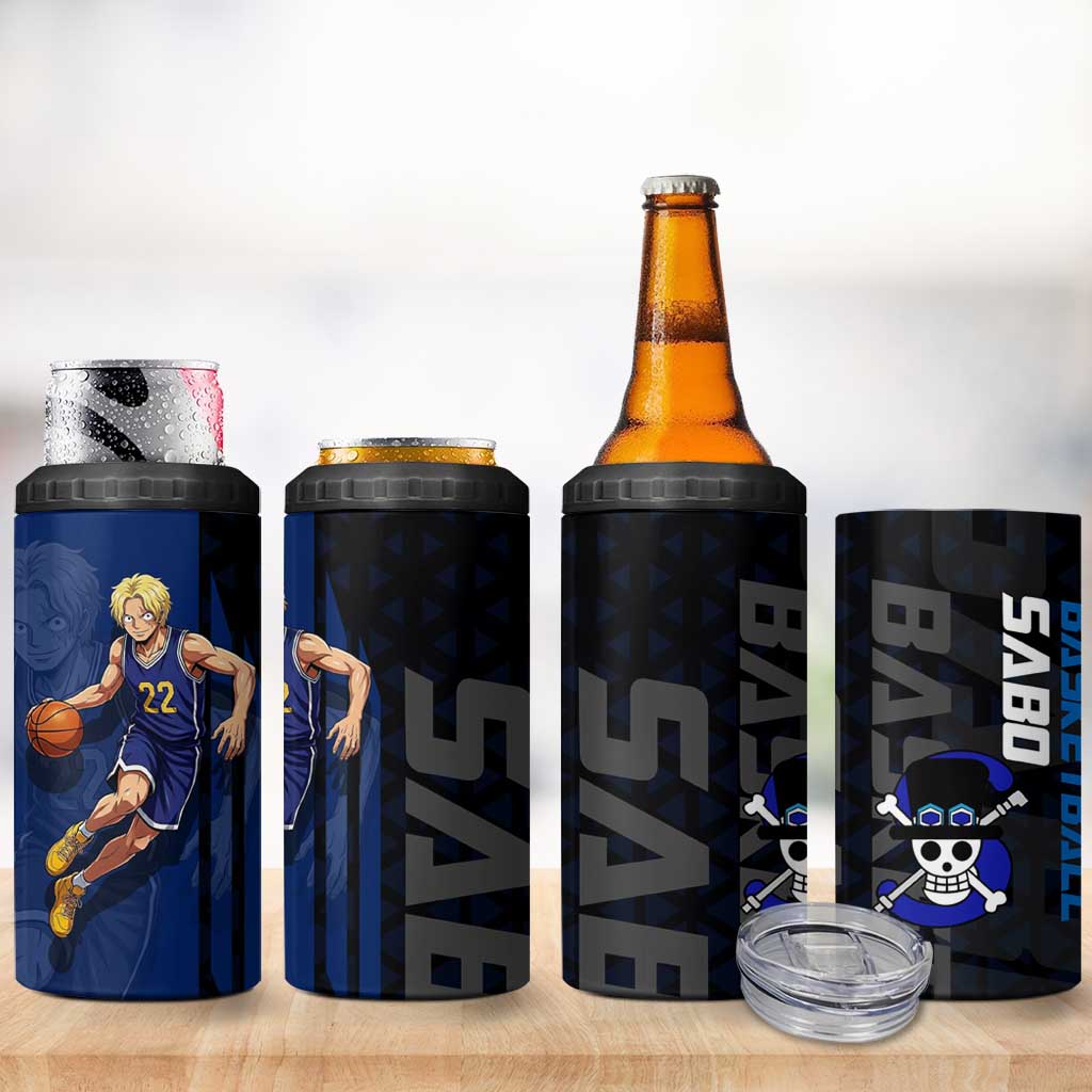 Sabo One Piece Basketball Theme Blue and Black Design 4 in 1 Can Cooler Tumbler with Top Hat Emblem and Action Dribble Pose - The Mazicc