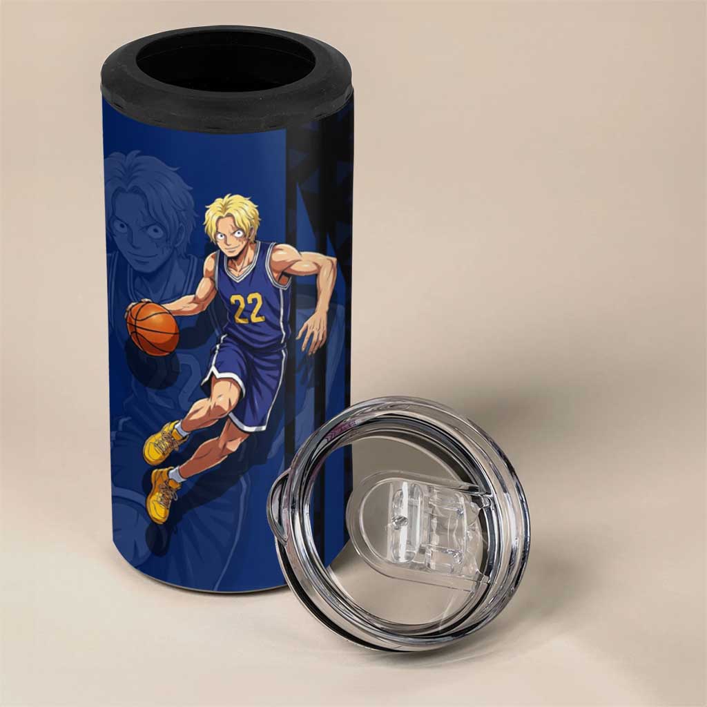 Sabo One Piece Basketball Theme Blue and Black Design 4 in 1 Can Cooler Tumbler with Top Hat Emblem and Action Dribble Pose - The Mazicc