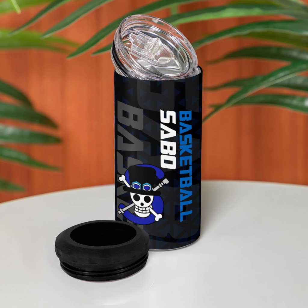 Sabo One Piece Basketball Theme Blue and Black Design 4 in 1 Can Cooler Tumbler with Top Hat Emblem and Action Dribble Pose - The Mazicc