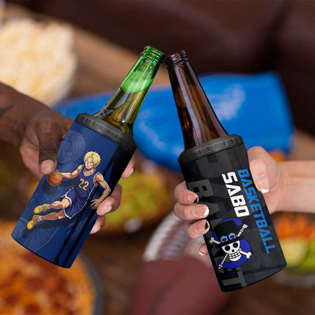 Sabo One Piece Basketball Theme Blue and Black Design 4 in 1 Can Cooler Tumbler with Top Hat Emblem and Action Dribble Pose - The Mazicc