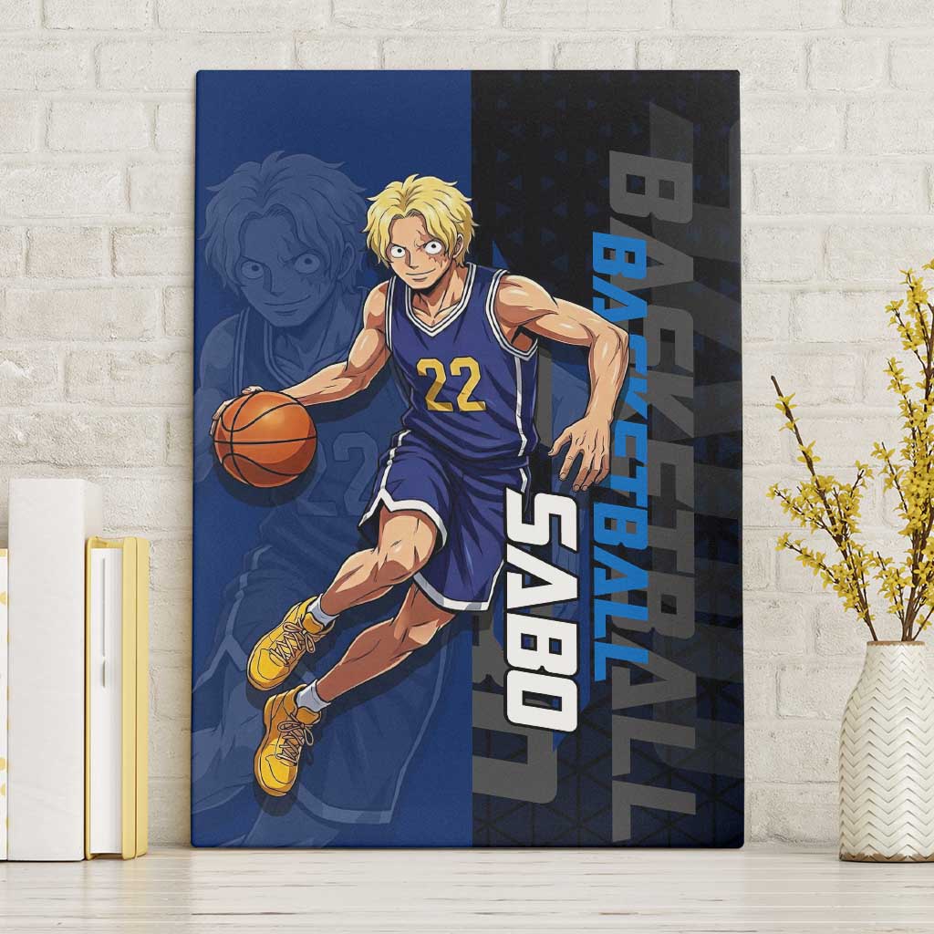 Sabo One Piece Basketball Theme Blue and Black Design Canvas Wall Art with Top Hat Emblem and Action Dribble Pose - The Mazicc