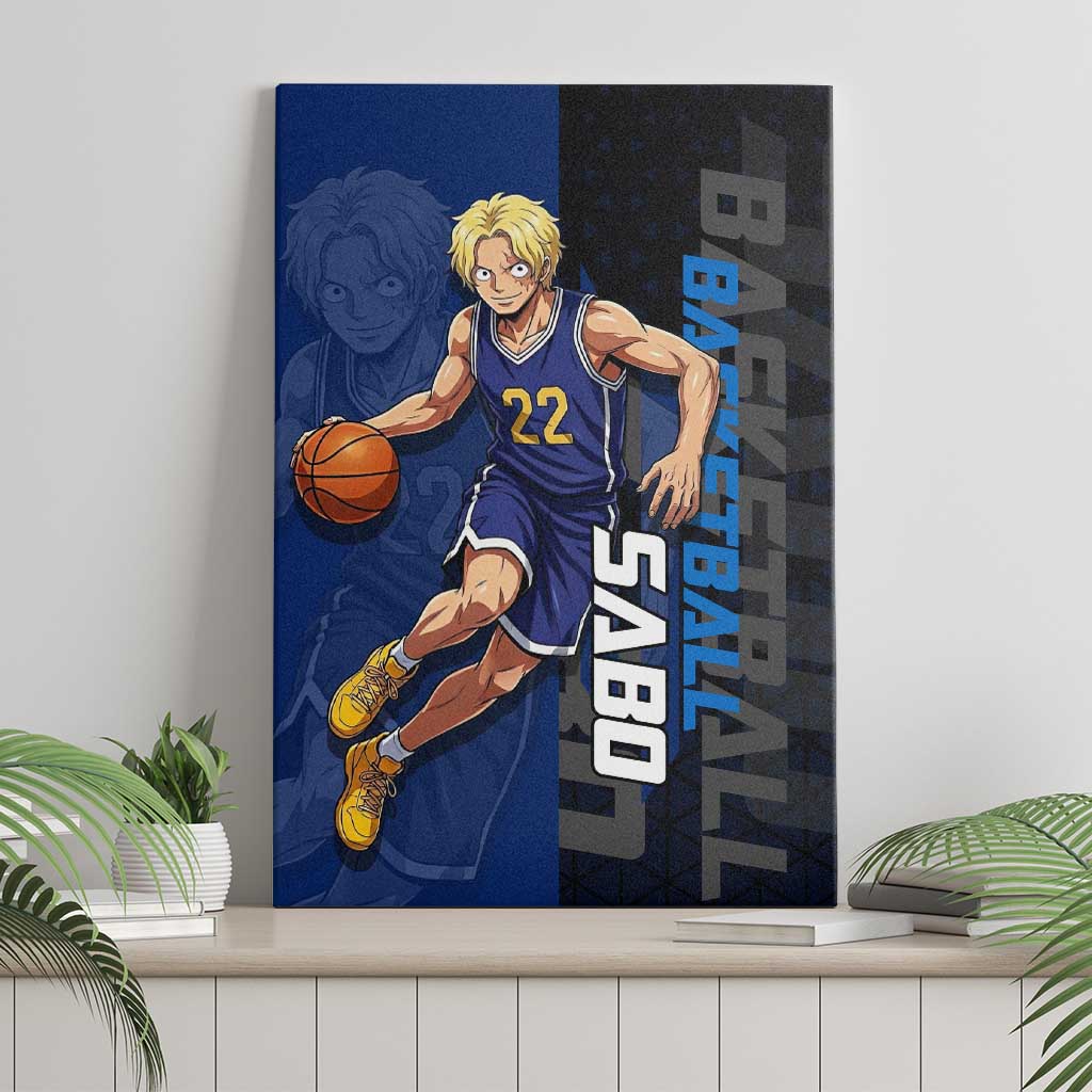 Sabo One Piece Basketball Theme Blue and Black Design Canvas Wall Art with Top Hat Emblem and Action Dribble Pose - The Mazicc