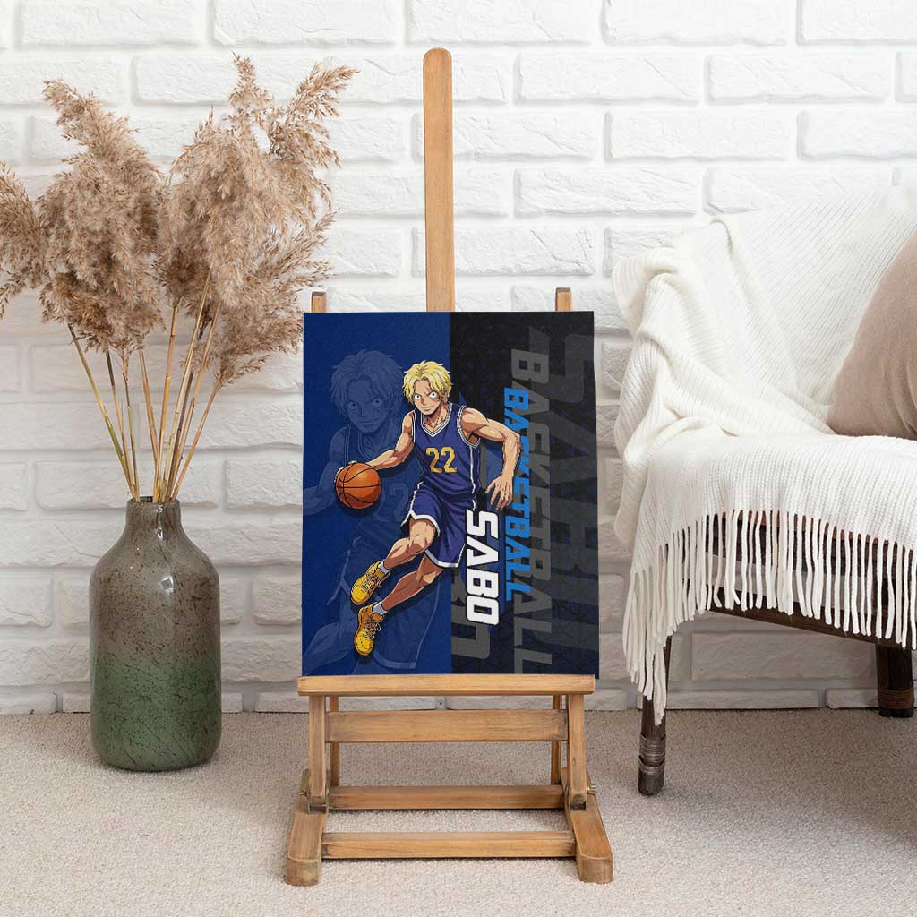 Sabo One Piece Basketball Theme Blue and Black Design Canvas Wall Art with Top Hat Emblem and Action Dribble Pose - The Mazicc