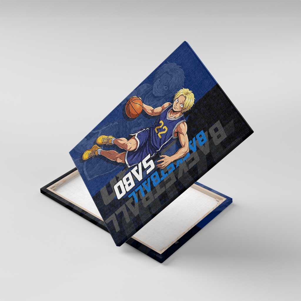 Sabo One Piece Basketball Theme Blue and Black Design Canvas Wall Art with Top Hat Emblem and Action Dribble Pose - The Mazicc