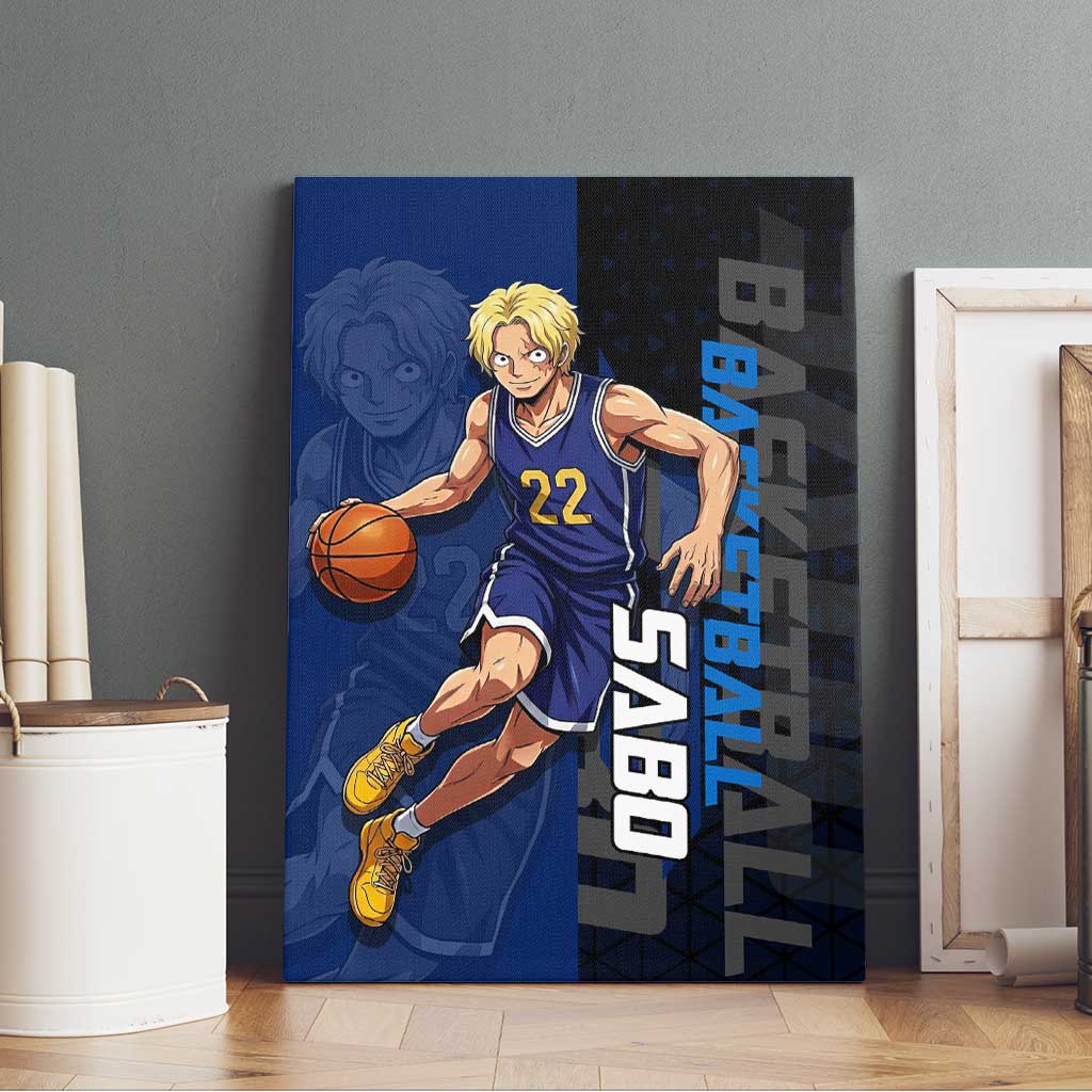 Sabo One Piece Basketball Theme Blue and Black Design Canvas Wall Art with Top Hat Emblem and Action Dribble Pose - The Mazicc