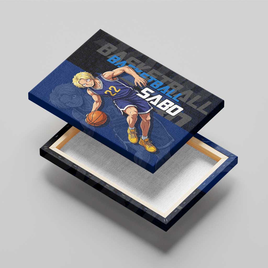 Sabo One Piece Basketball Theme Blue and Black Design Canvas Wall Art with Top Hat Emblem and Action Dribble Pose - The Mazicc