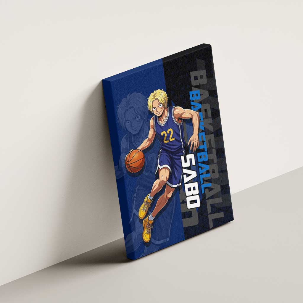 Sabo One Piece Basketball Theme Blue and Black Design Canvas Wall Art with Top Hat Emblem and Action Dribble Pose - The Mazicc