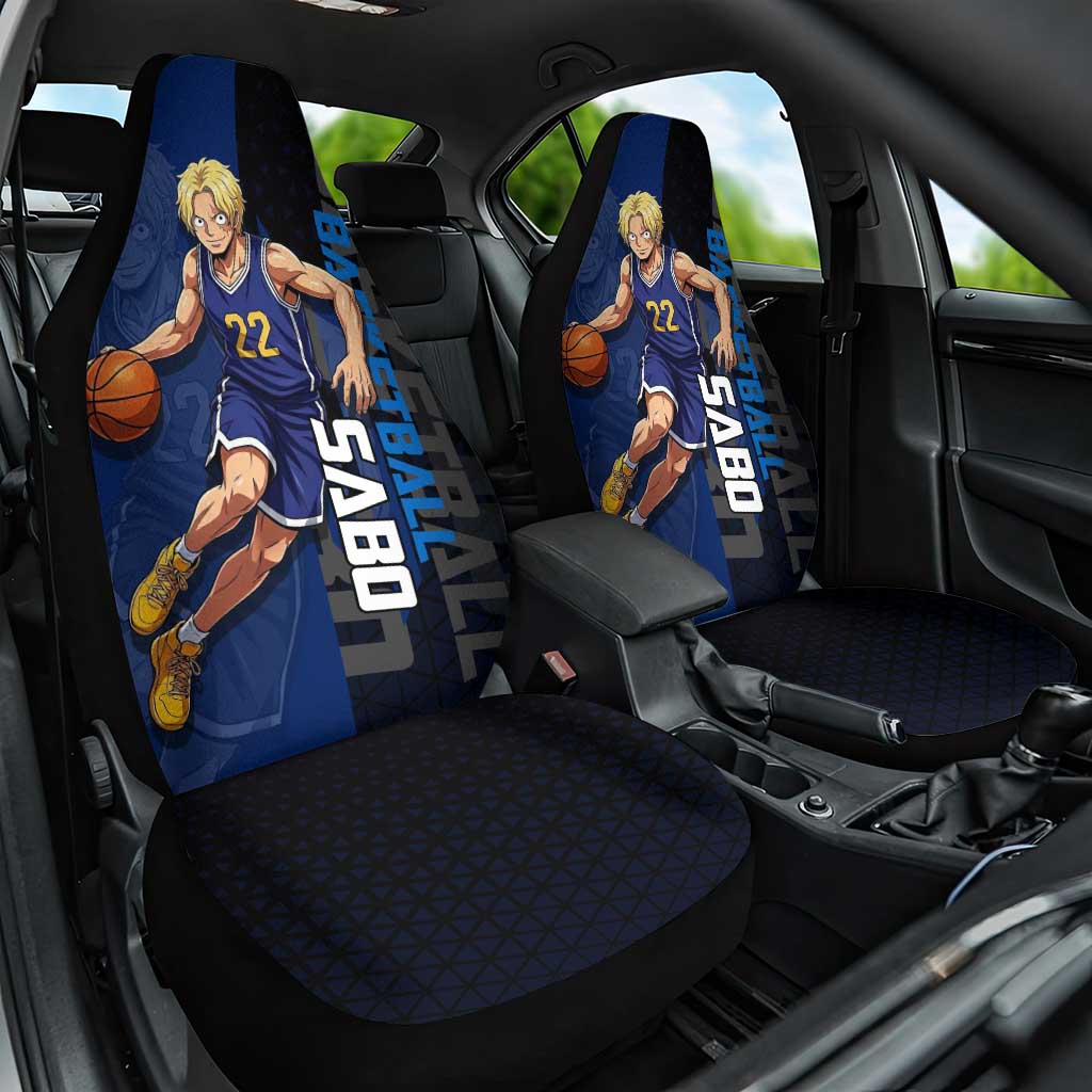 Sabo One Piece Basketball Theme Blue and Black Design Car Seat Cover with Top Hat Emblem and Action Dribble Pose - The Mazicc