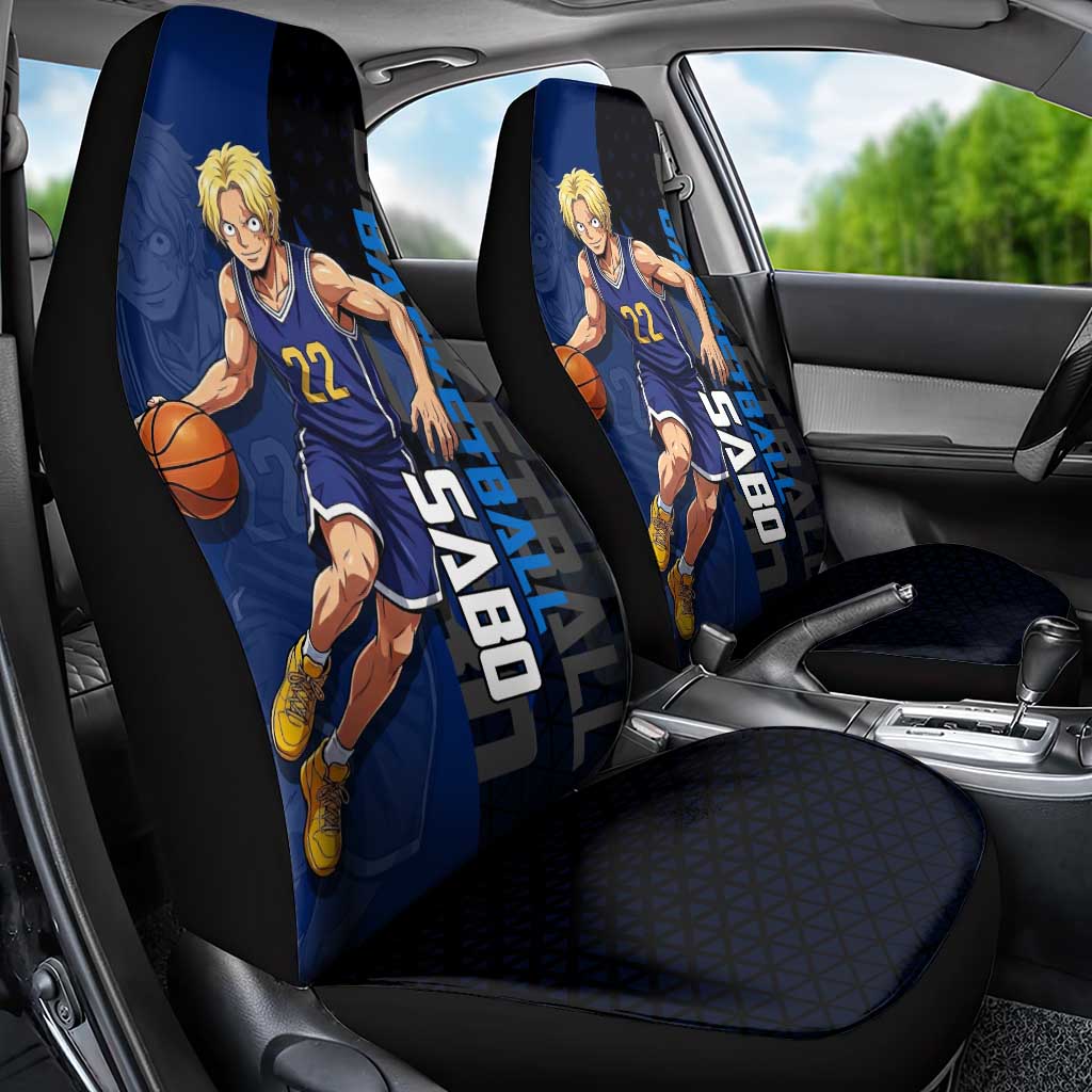 Sabo One Piece Basketball Theme Blue and Black Design Car Seat Cover with Top Hat Emblem and Action Dribble Pose - The Mazicc