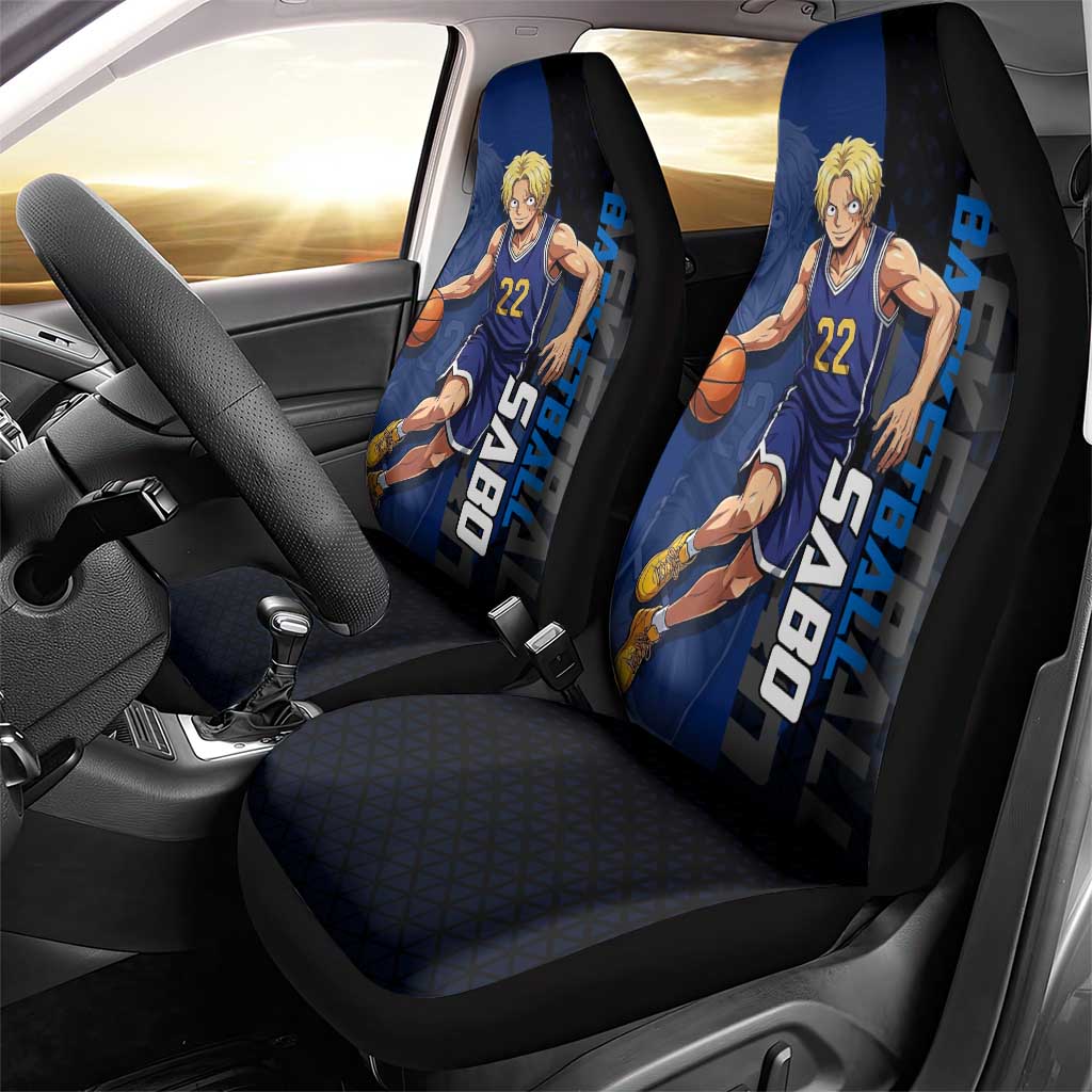 Sabo One Piece Basketball Theme Blue and Black Design Car Seat Cover with Top Hat Emblem and Action Dribble Pose - The Mazicc