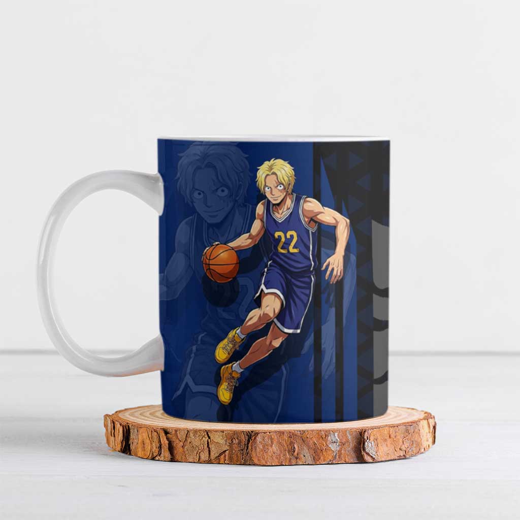 Sabo One Piece Basketball Theme Blue and Black Design Ceramic Mug with Top Hat Emblem and Action Dribble Pose - The Mazicc