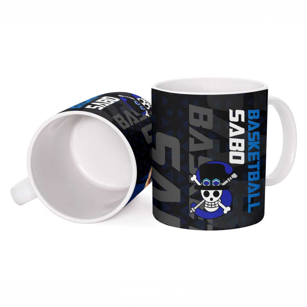 Sabo One Piece Basketball Theme Blue and Black Design Ceramic Mug with Top Hat Emblem and Action Dribble Pose - The Mazicc