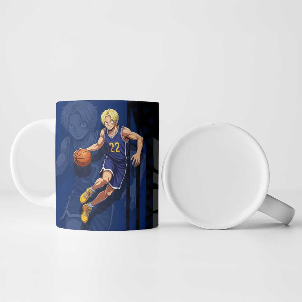 Sabo One Piece Basketball Theme Blue and Black Design Ceramic Mug with Top Hat Emblem and Action Dribble Pose - The Mazicc