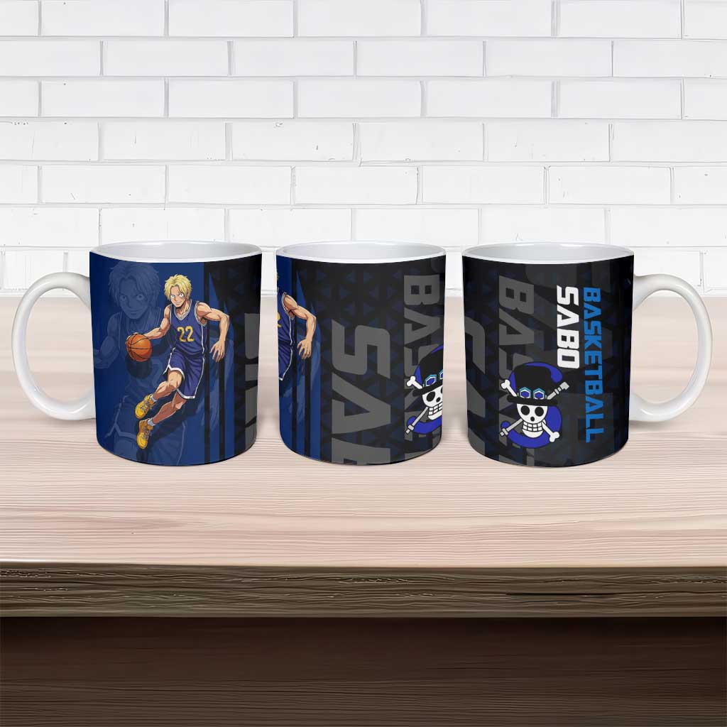 Sabo One Piece Basketball Theme Blue and Black Design Ceramic Mug with Top Hat Emblem and Action Dribble Pose - The Mazicc