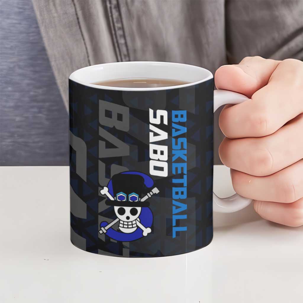 Sabo One Piece Basketball Theme Blue and Black Design Ceramic Mug with Top Hat Emblem and Action Dribble Pose - The Mazicc