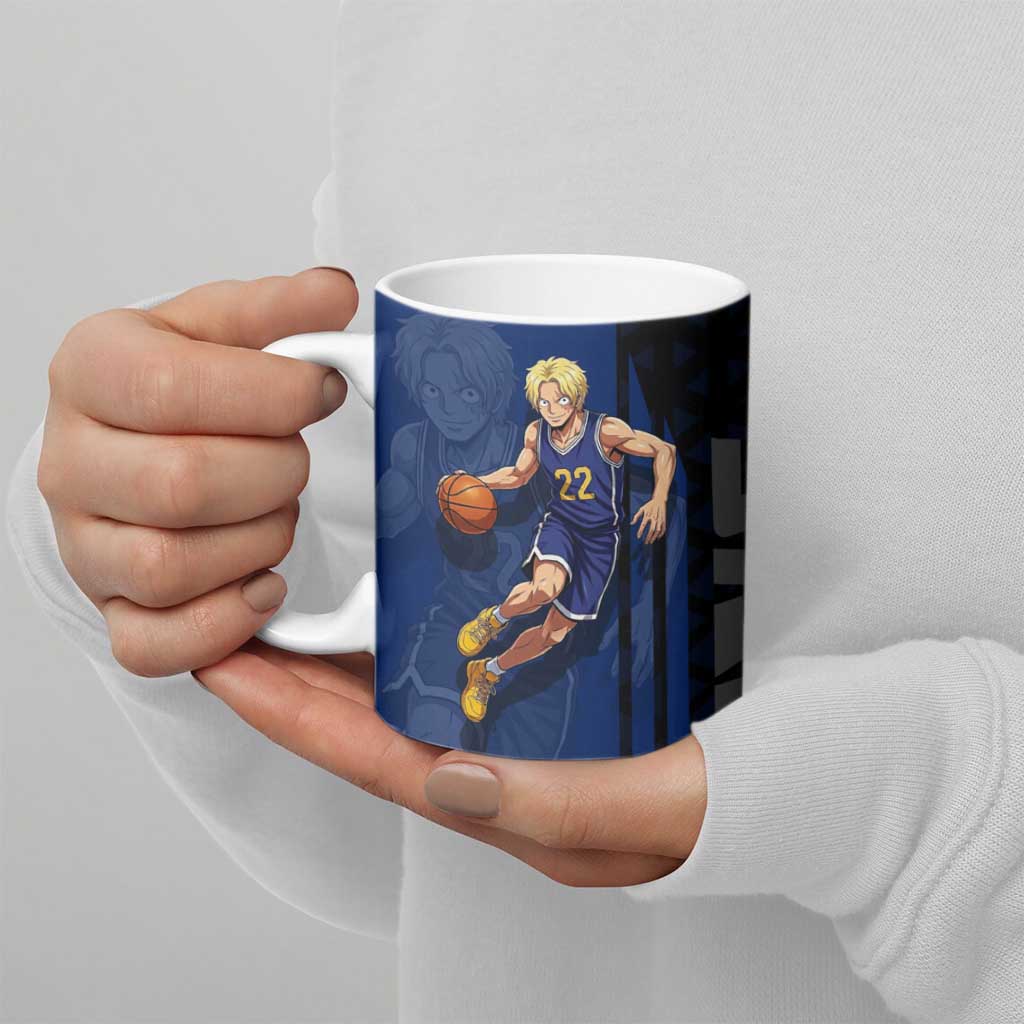 Sabo One Piece Basketball Theme Blue and Black Design Ceramic Mug with Top Hat Emblem and Action Dribble Pose - The Mazicc