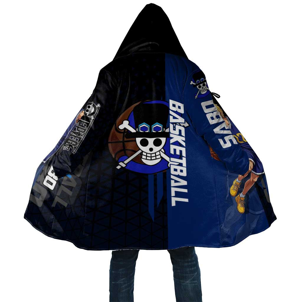 Sabo One Piece Basketball Theme Blue and Black Design Cloak with Top Hat Emblem and Action Dribble Pose - The Mazicc