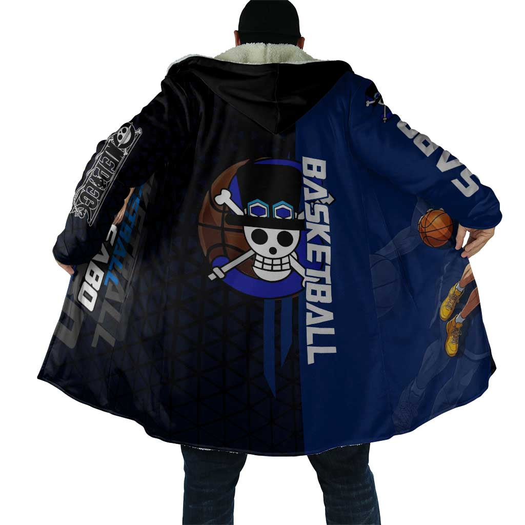 Sabo One Piece Basketball Theme Blue and Black Design Cloak with Top Hat Emblem and Action Dribble Pose - The Mazicc